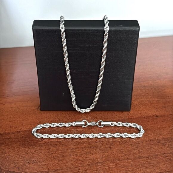 Men’s Rope Chain Necklace & Bracelet Gift Set | Sleek Silver Tone Hip Hop Style - Picture 1 of 7